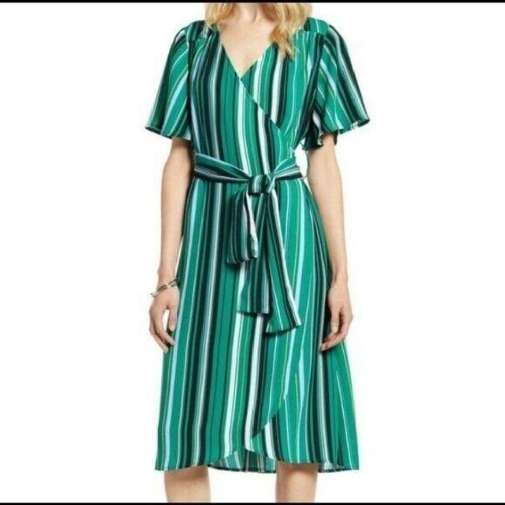 Halogen Striped Flutter Sleeve Full Wrap Dress